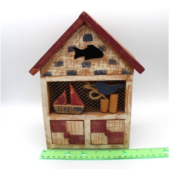 Recipe Box Wooden House Shabby Chic Beach Drawers Open Hinged Vintage 9.75 Inch - Picture 4 of 16